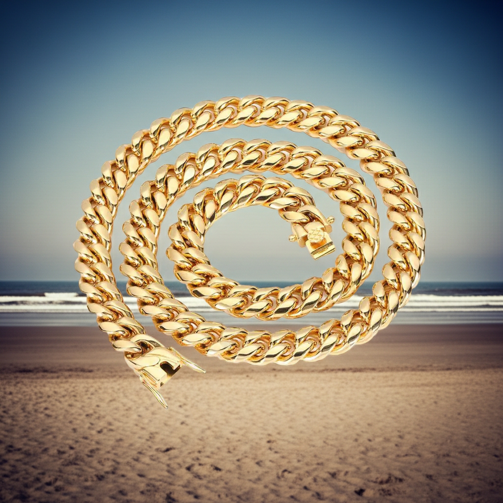 Gold Plated Stainless Steel Cuban Link Hip-Hop Chain with Colorful Gold Accents