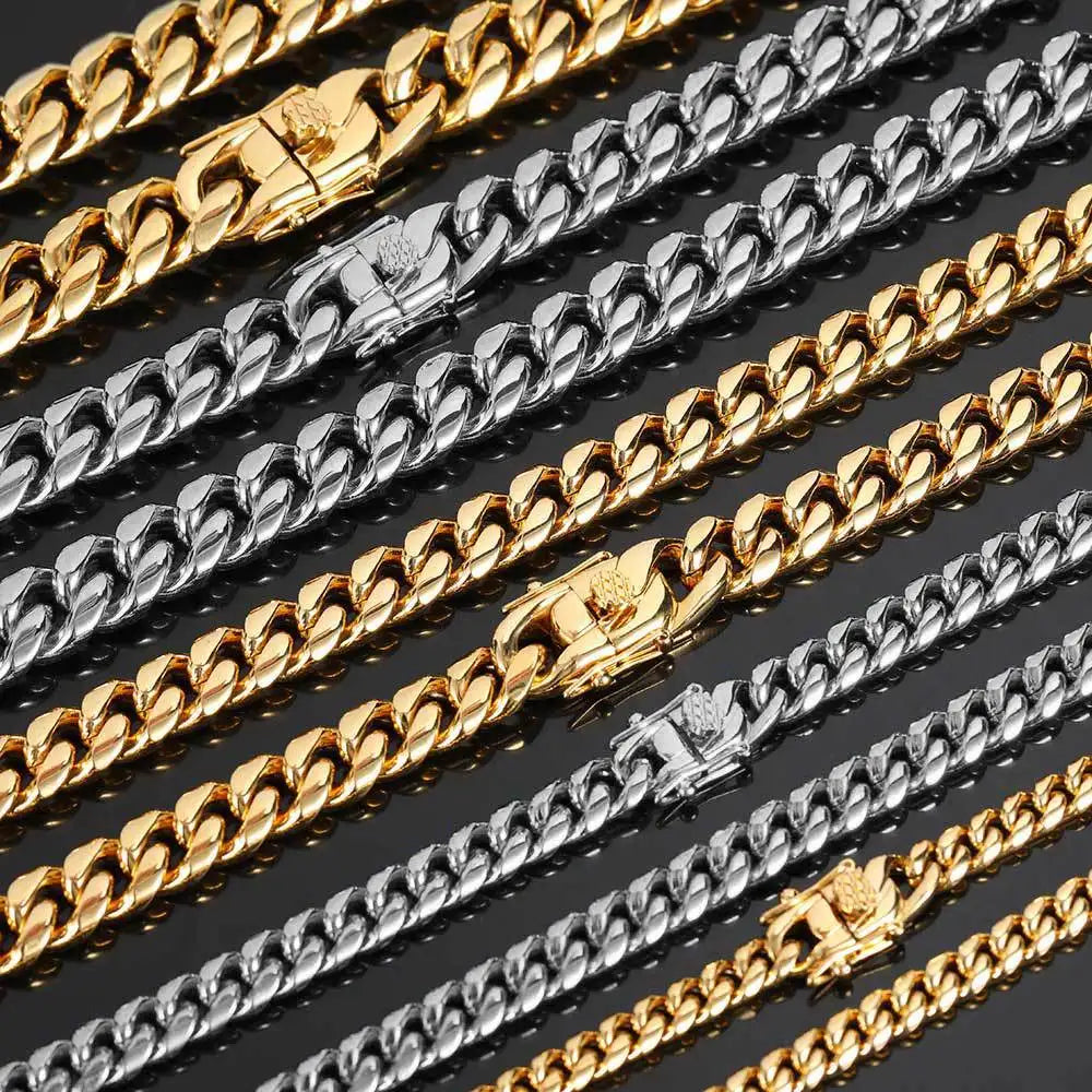 Fashion High Quality Hip Hop Colorful Gold Plated Stainless Steel Cuban Link Chain Necklace Jewelry for Men Women