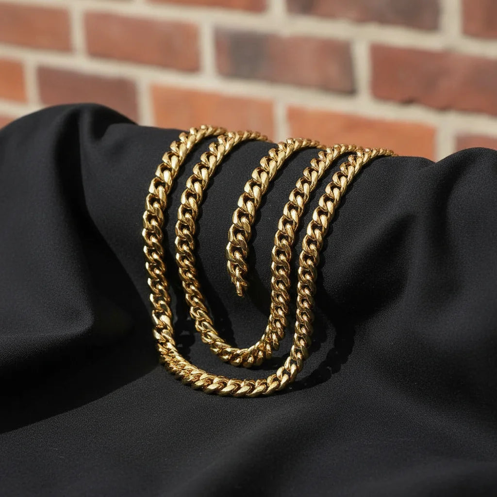 Gold Plated Stainless Steel Cuban Link Hip-Hop Chain with Colorful Gold Accents