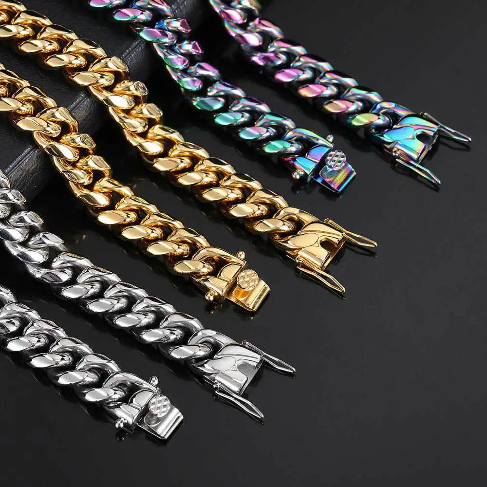 Fashion High Quality Hip Hop Colorful Gold Plated Stainless Steel Cuban Link Chain Necklace Jewelry for Men Women
