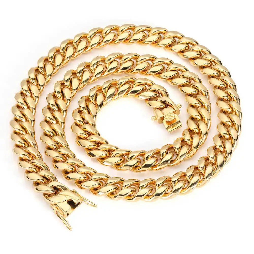 Gold Plated Stainless Steel Cuban Link Hip-Hop Chain with Colorful Gold Accents