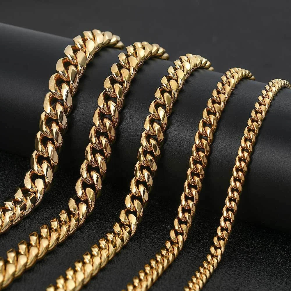 Gold Plated Stainless Steel Cuban Link Hip-Hop Chain with Colorful Gold Accents