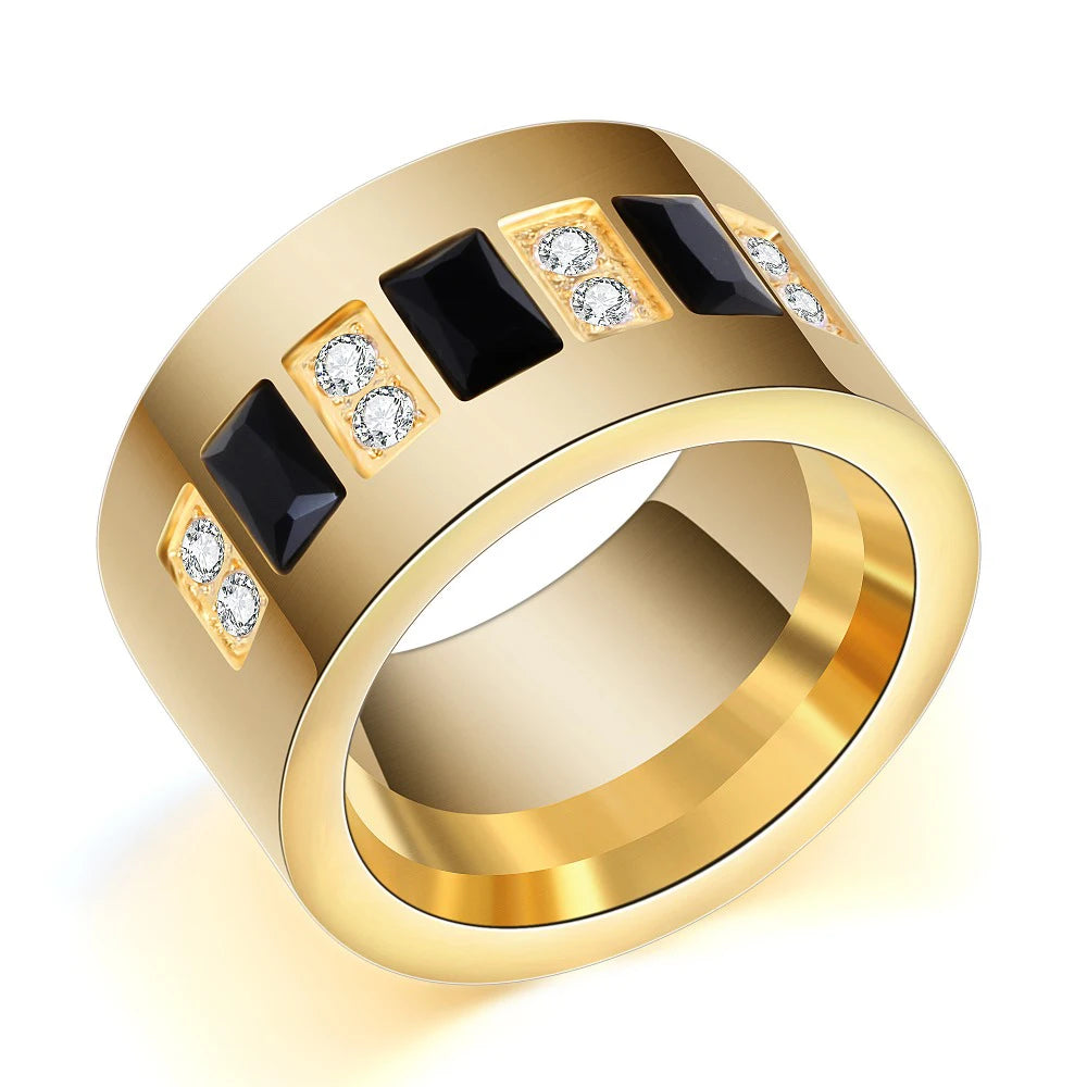 Frauenring aus Edelstahl mit Zirkonsteine in eleganter Steinoptik in gold und schwarz