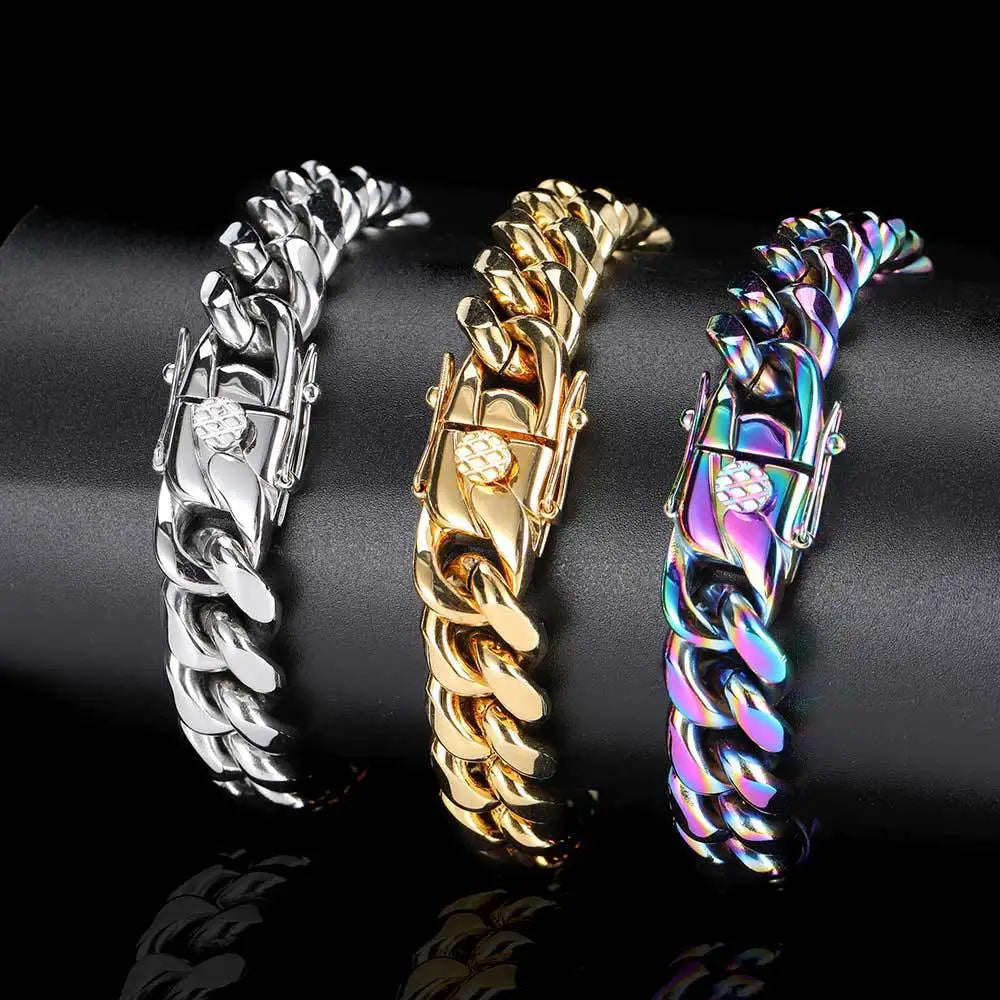 Gold Plated Stainless Steel Cuban Link Hip-Hop Chain with Colorful Gold Accents