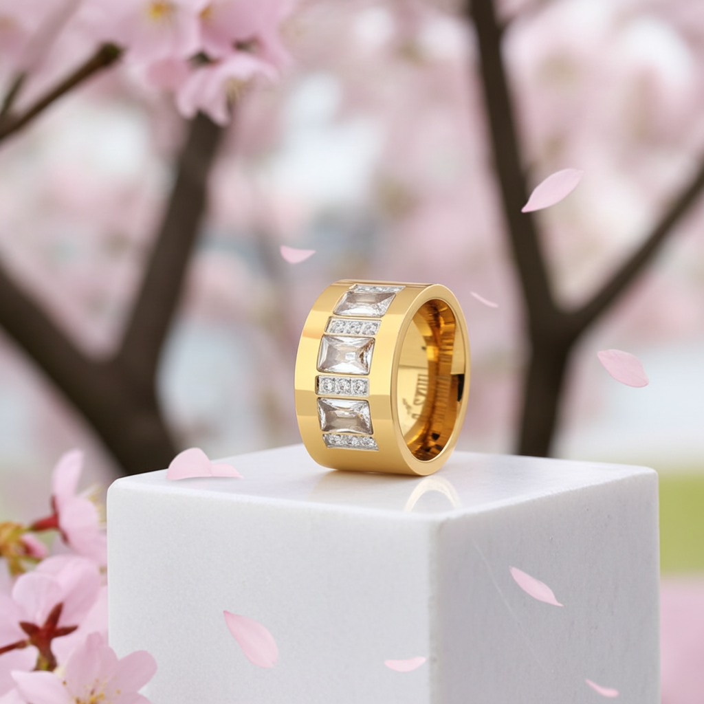 Frauenring aus Edelstahl mit Zirkonsteine in eleganter Steinoptik in gold