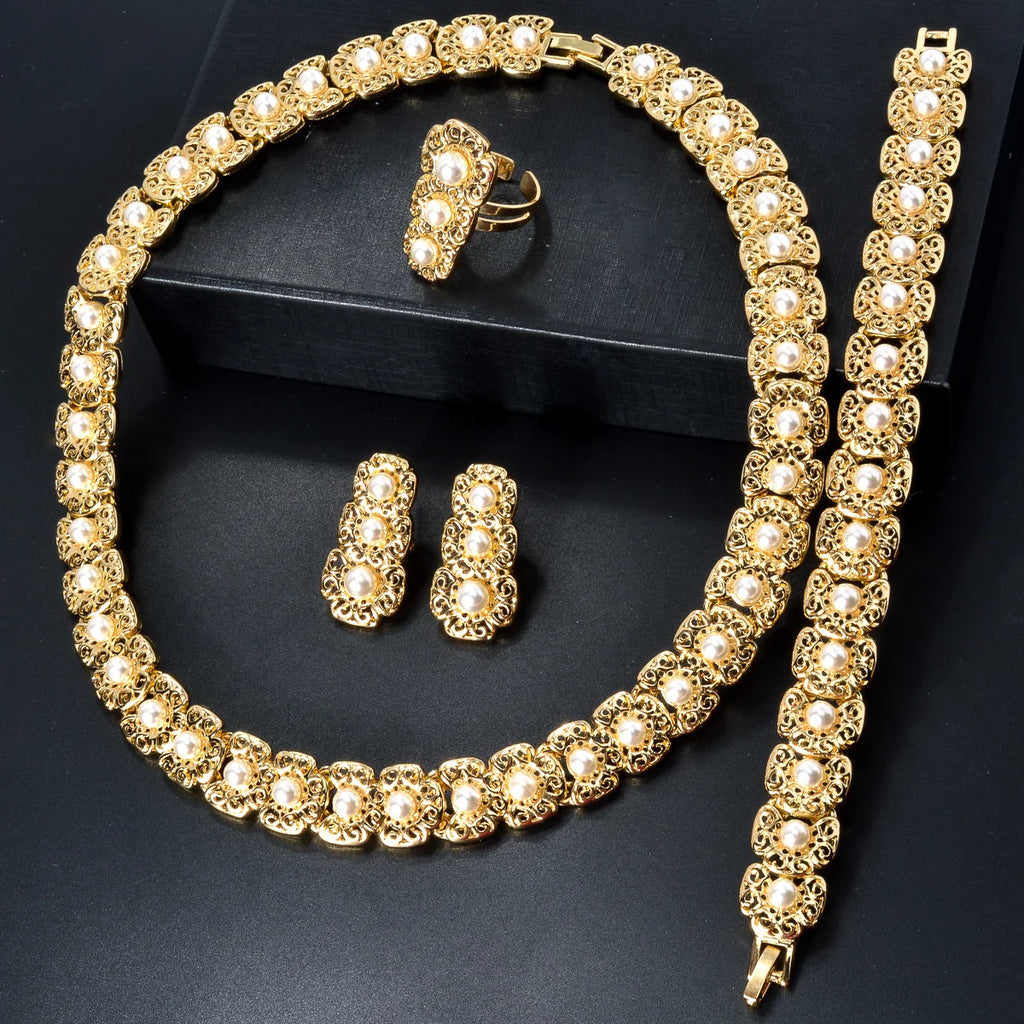 Luxus-Schmuckset für Damen im Dubai-Stil – Elegante Perlen-Halskette mit passendem Armband, Ring und Ohrringen