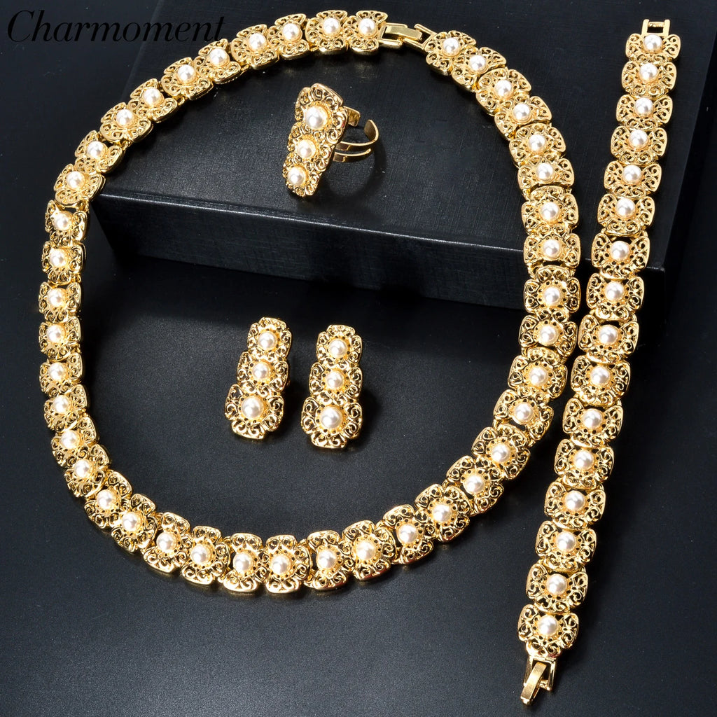 Luxus-Schmuckset für Damen im Dubai-Stil – Elegante Perlen-Halskette mit passendem Armband, Ring und Ohrringen