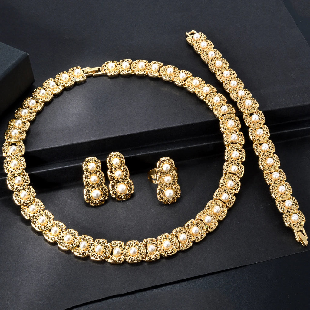 Luxus-Schmuckset für Damen im Dubai-Stil – Elegante Perlen-Halskette mit passendem Armband, Ring und Ohrringen