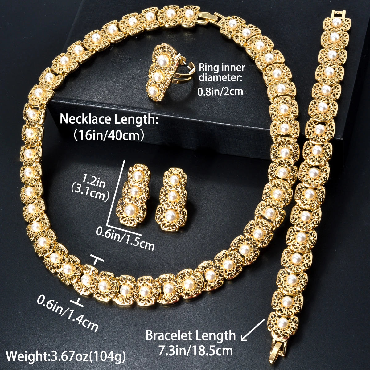 Luxus-Schmuckset für Damen im Dubai-Stil – Elegante Perlen-Halskette mit passendem Armband, Ring und Ohrringen