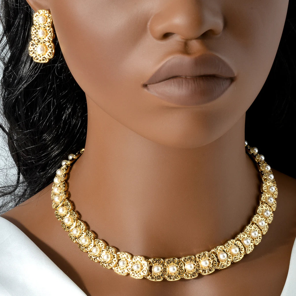 Luxus-Schmuckset für Damen im Dubai-Stil – Elegante Perlen-Halskette mit passendem Armband, Ring und Ohrringen