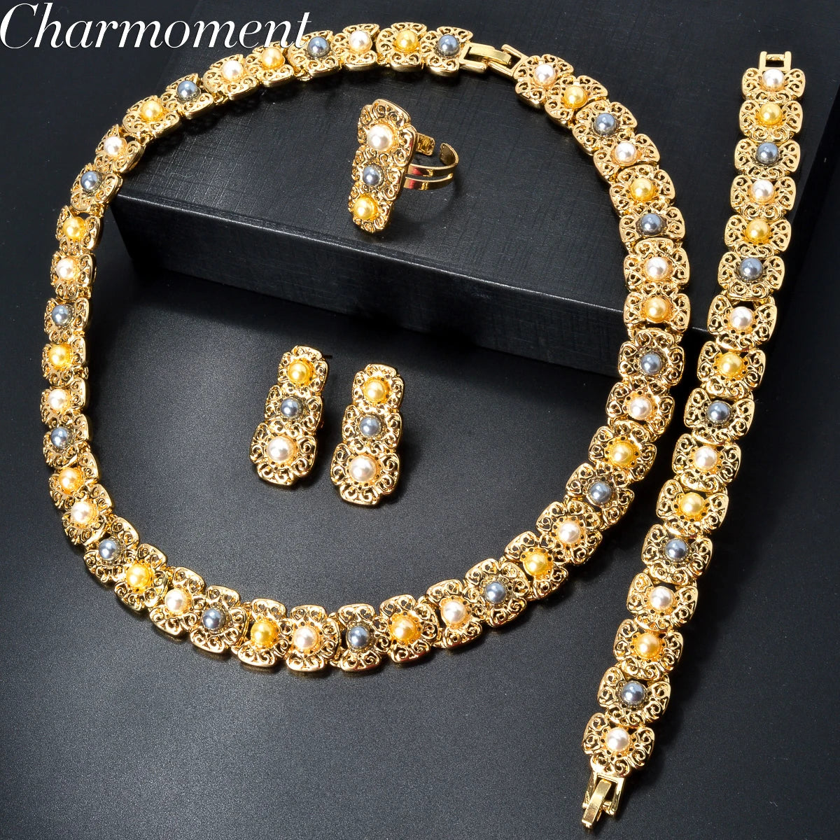 Luxus-Schmuckset für Damen im Dubai-Stil – Elegante Perlen-Halskette mit passendem Armband, Ring und Ohrringen