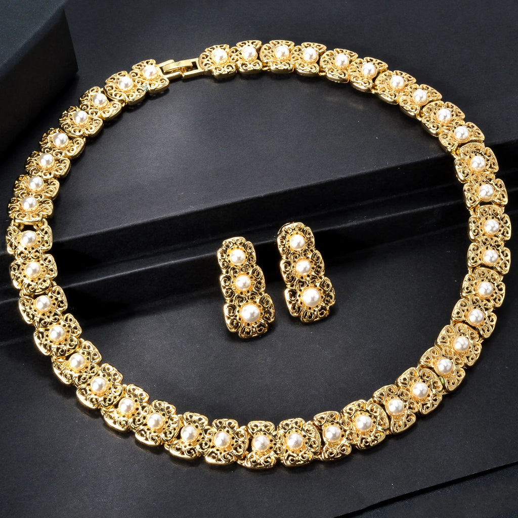 Luxus-Schmuckset für Damen im Dubai-Stil – Elegante Perlen-Halskette mit passendem Armband, Ring und Ohrringen