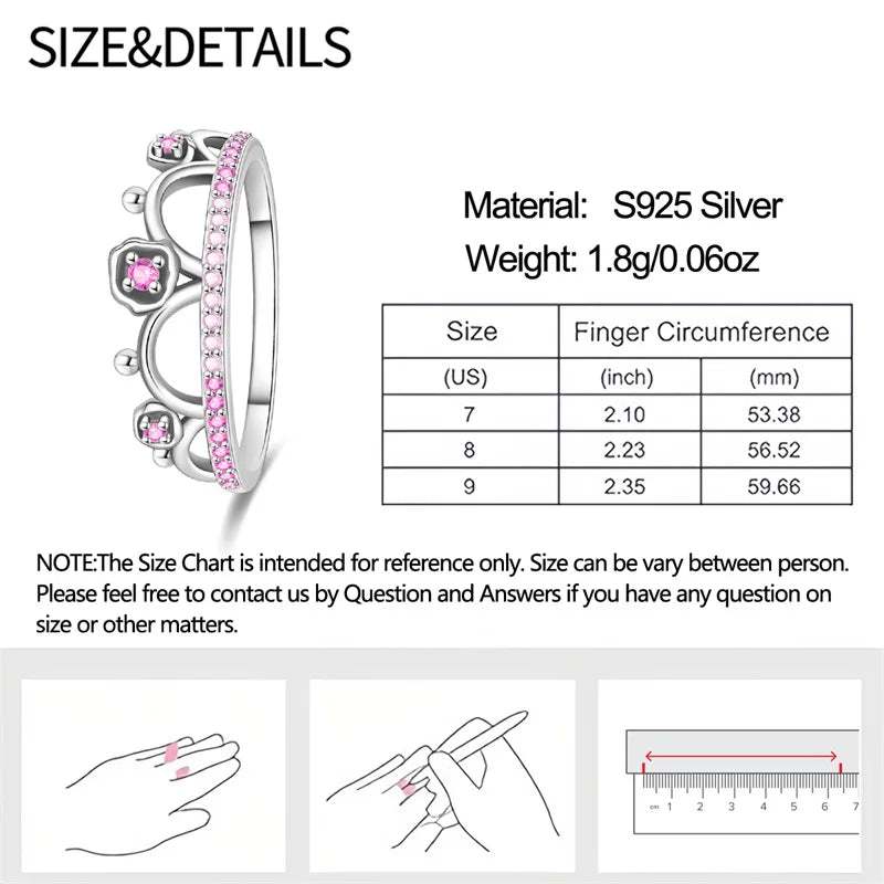 Original 925er Sterlingsilber, rosa herzförmige Kronenringe