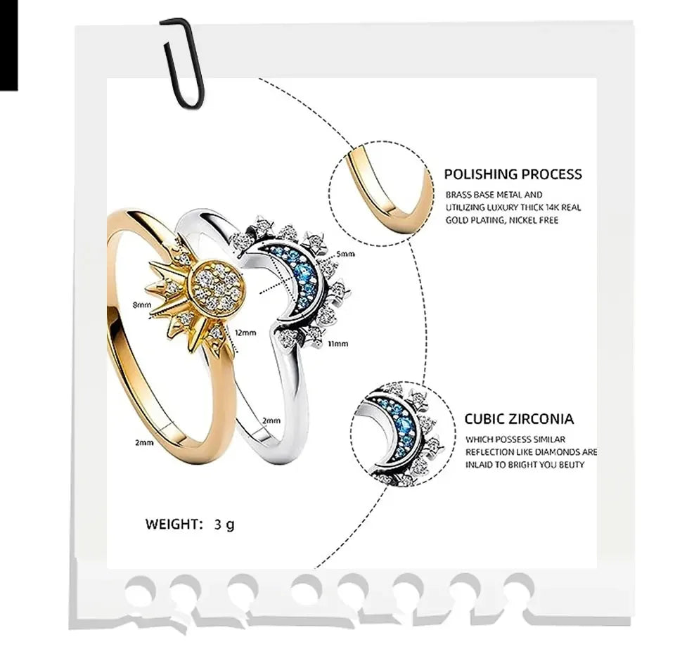 925 Silber Sonne und Mond Paar Ring Set oder einzeln
