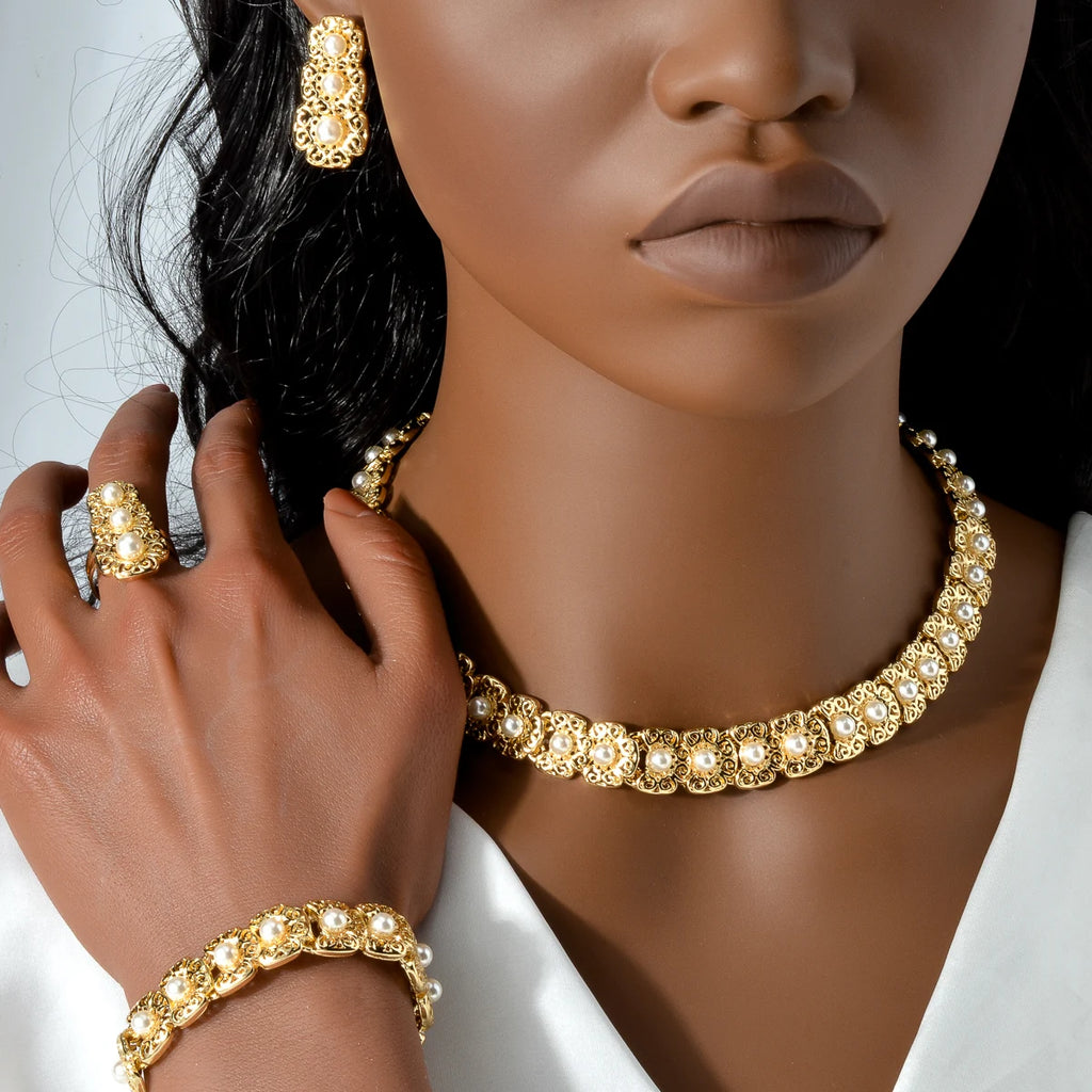 Luxus-Schmuckset für Damen im Dubai-Stil – Elegante Perlen-Halskette mit passendem Armband, Ring und Ohrringen