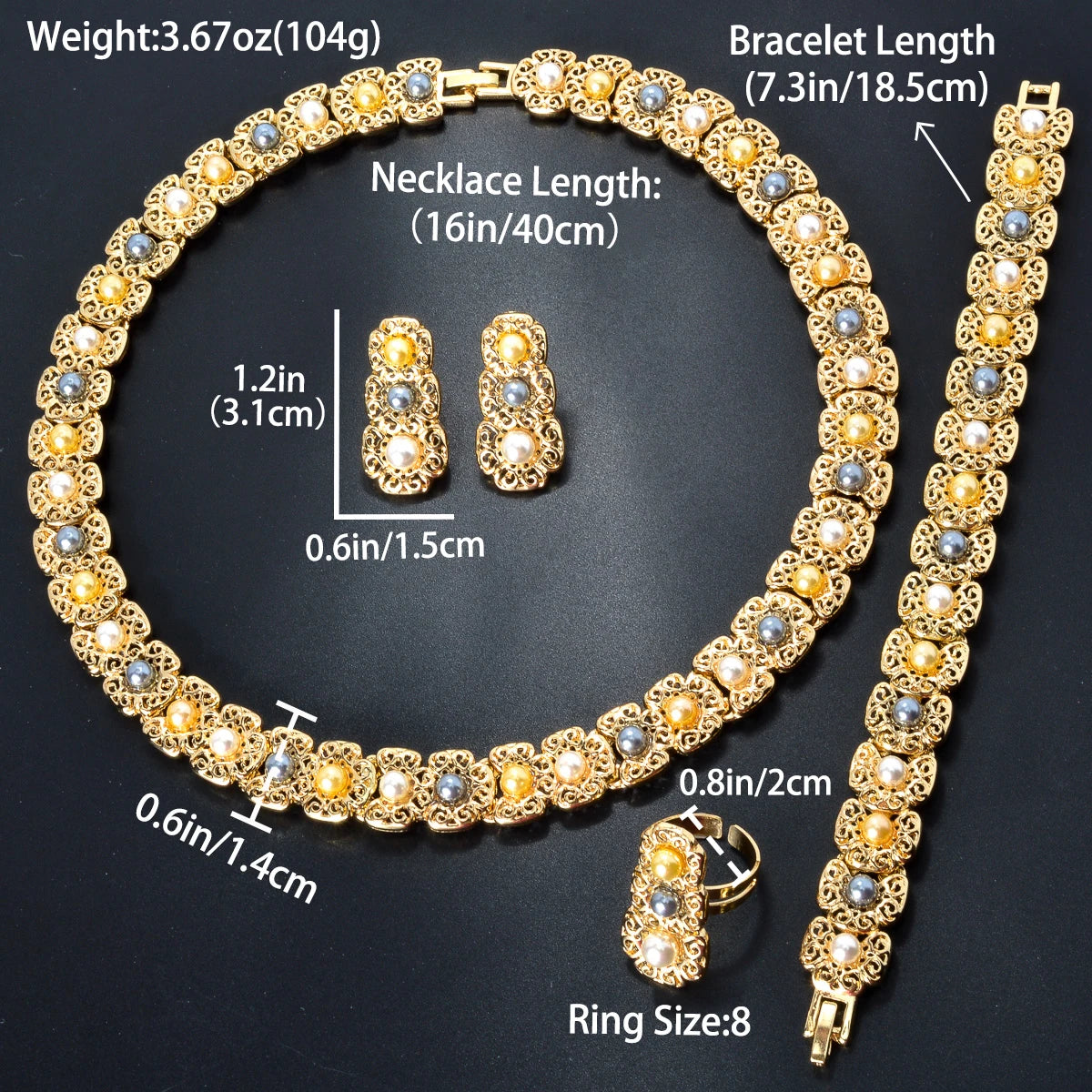 Luxus-Schmuckset für Damen im Dubai-Stil – Elegante Perlen-Halskette mit passendem Armband, Ring und Ohrringen