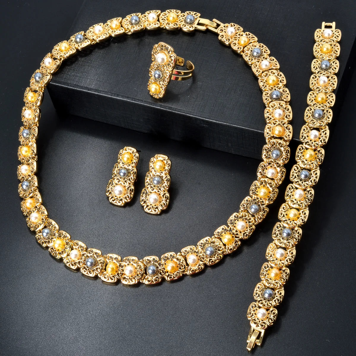 Luxus-Schmuckset für Damen im Dubai-Stil – Elegante Perlen-Halskette mit passendem Armband, Ring und Ohrringen