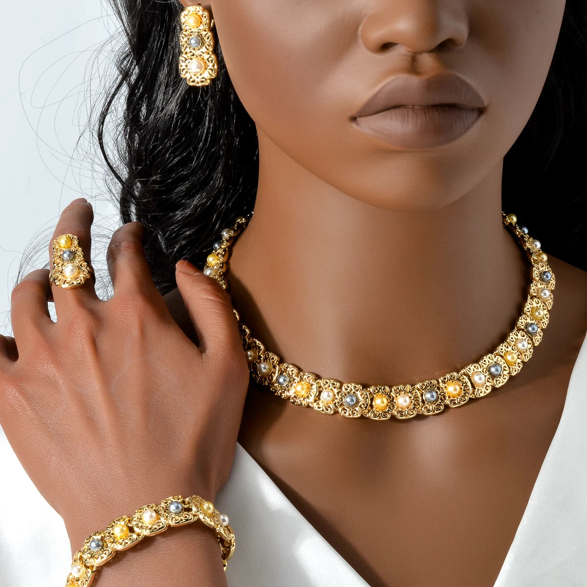 Luxus-Schmuckset für Damen im Dubai-Stil – Elegante Perlen-Halskette mit passendem Armband, Ring und Ohrringen